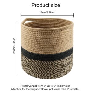 Oaixuilhy Cotton Rope Woven Storage Basket with Handles Cotton Blanket Organizer Laundry Basket Empty Gift Basket for Planter Shelf Desk Home Decor (10 x 10 Inches, Jute & Black)