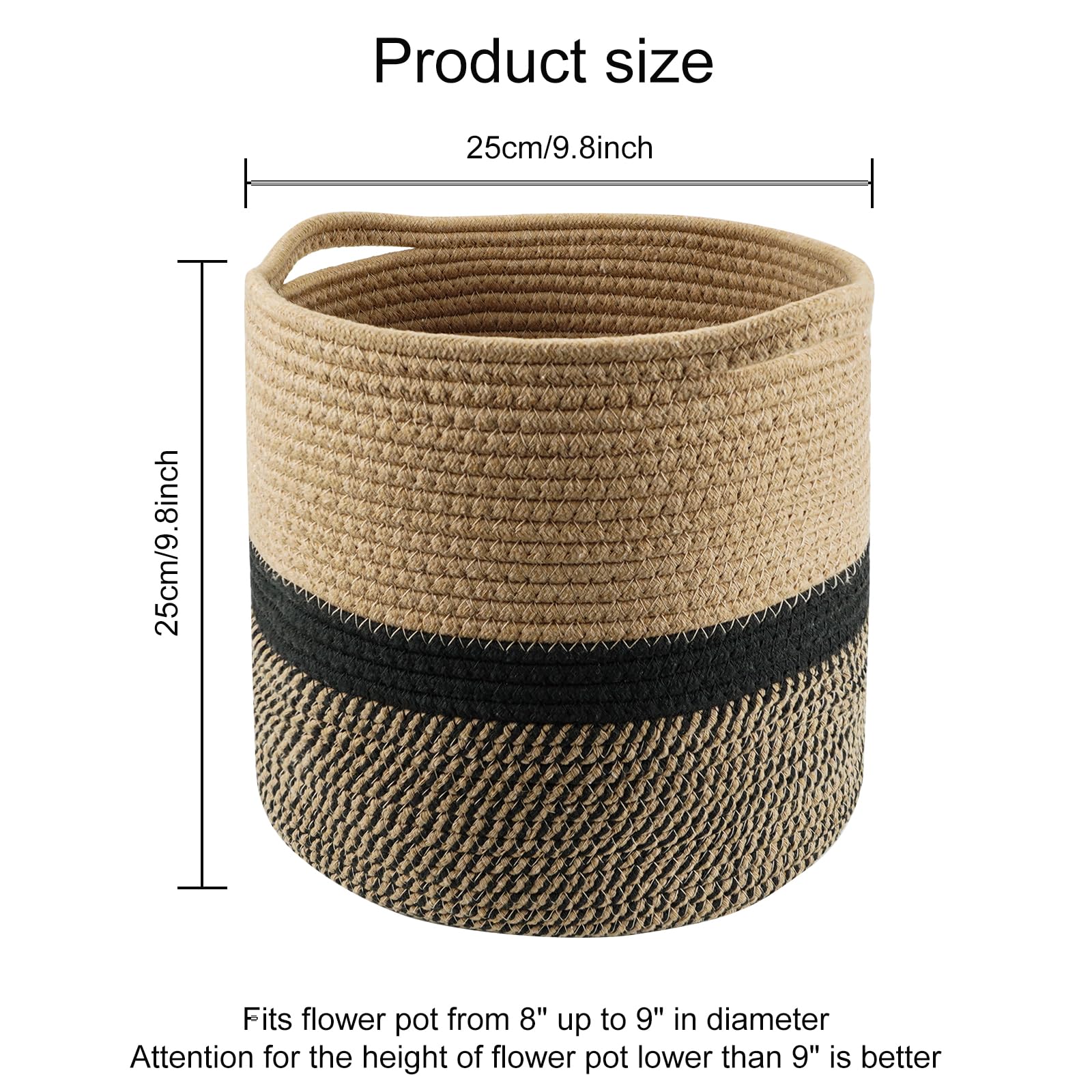 Oaixuilhy Cotton Rope Woven Storage Basket with Handles Cotton Blanket Organizer Laundry Basket Empty Gift Basket for Planter Shelf Desk Home Decor (10 x 10 Inches, Jute & Black)