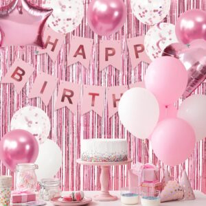 RUBFAC Pink Birthday Decorations for Women and Girls, Happy Birthday Banner, Pink Fringe Curtain, Pink Confetti Balloons, Heart Shape Foil Balloons for Women Girls Birthday Princess Party