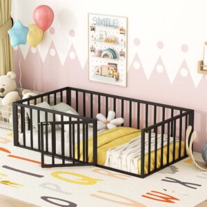 twin size floor bed for kids, montessori beds with rails and door, metal playhouse bed frame with fence for boys girls, black