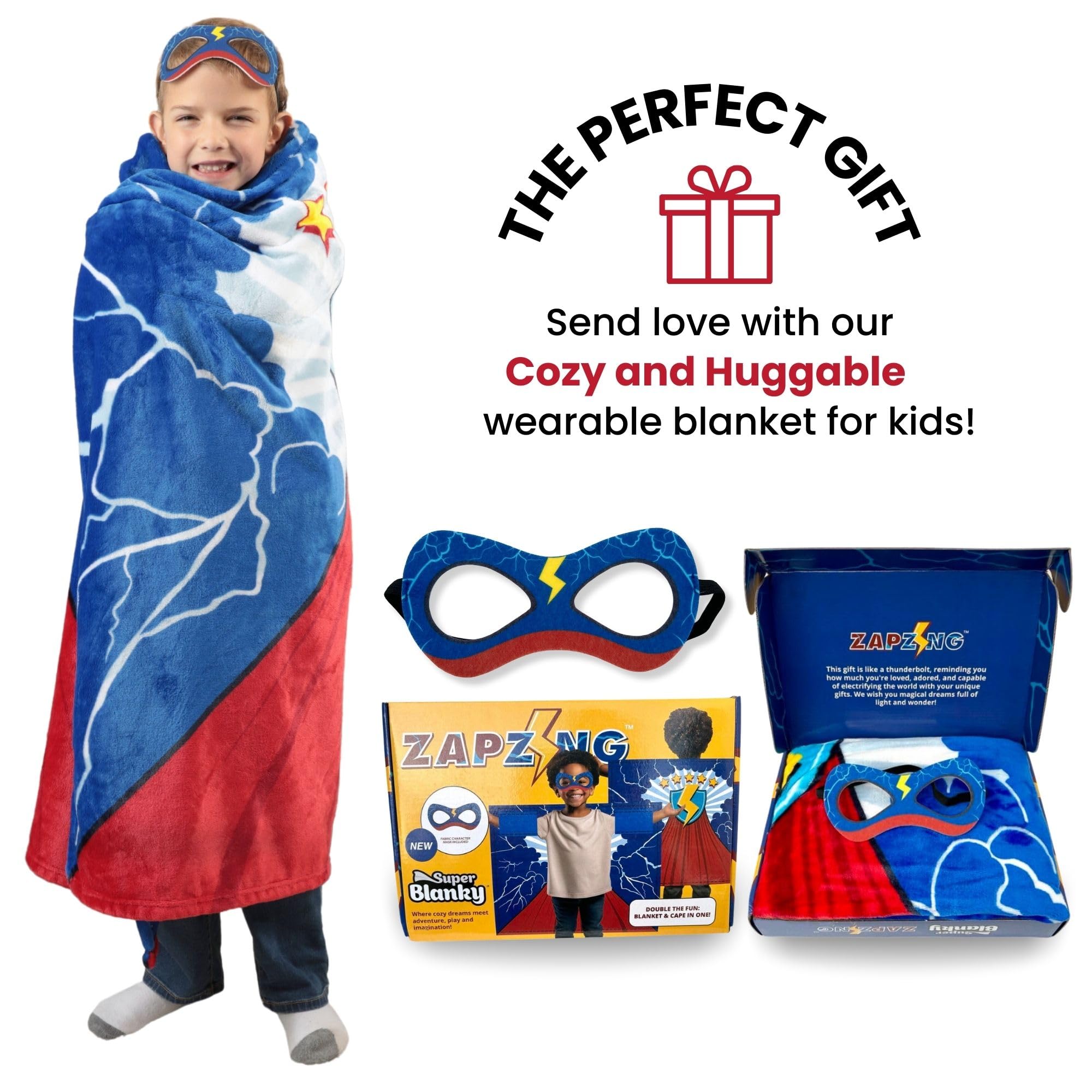 Super Blanky Kids Wearable Blanket - Lightning Bolt Blanket for Kids with Mask - Cozy Plush for Pretend Play, Bedtime, or Gifts - Perfect Birthday or Christmas Gift for Boys - Wearable Blanket Kids