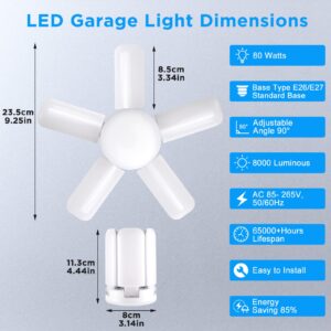 Kofarrten LED Garage Lights, Super Bright 8000 LM Garage Light Bulbs, 6500K Garage Ceiling Lights with Deformable Panels for E26/E27 Base, 80W LED Shop Lights for Garage, Workshop, Warehouse (2 Pack)