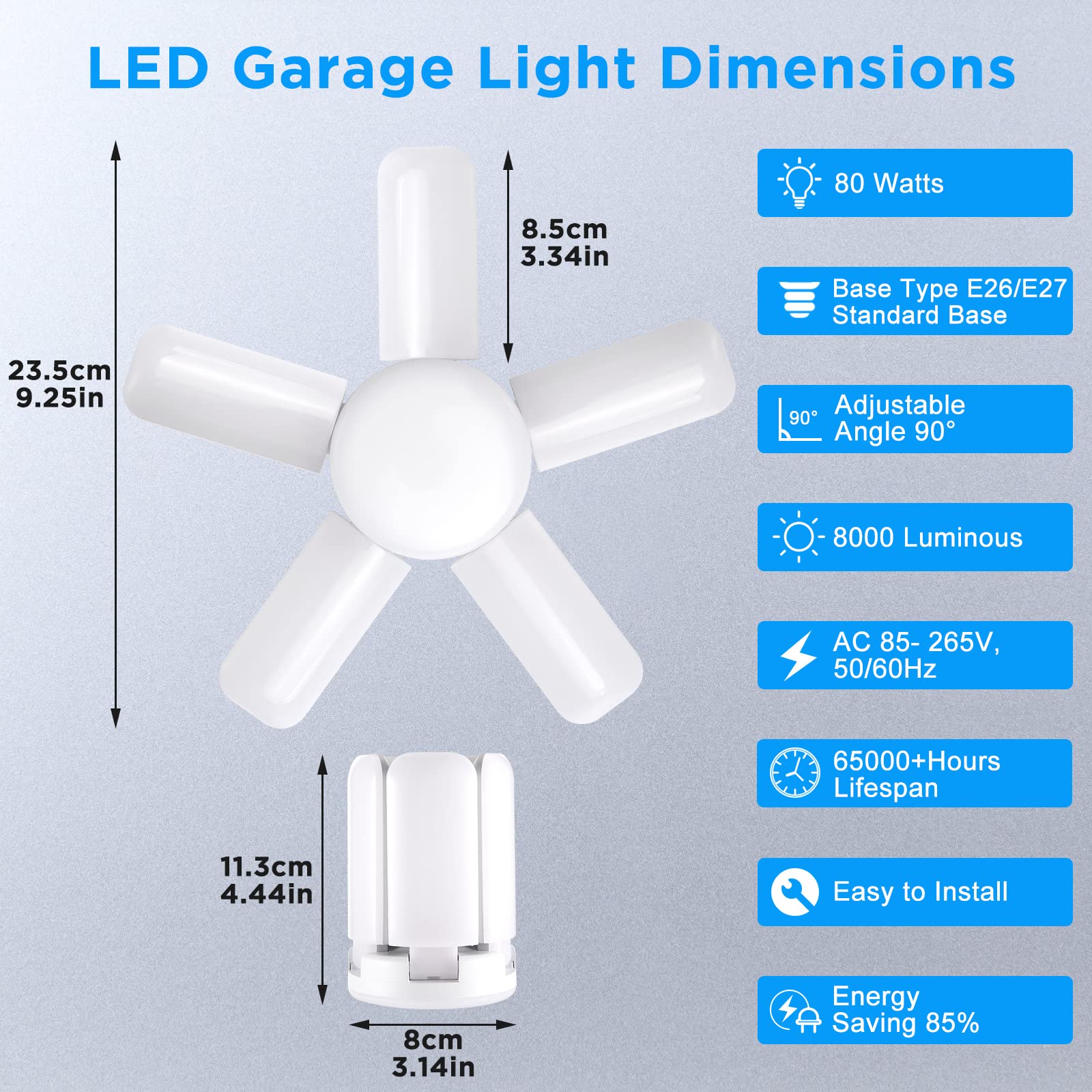 Kofarrten LED Garage Lights, Super Bright 8000 LM Garage Light Bulbs, 6500K Garage Ceiling Lights with Deformable Panels for E26/E27 Base, 80W LED Shop Lights for Garage, Workshop, Warehouse (2 Pack)