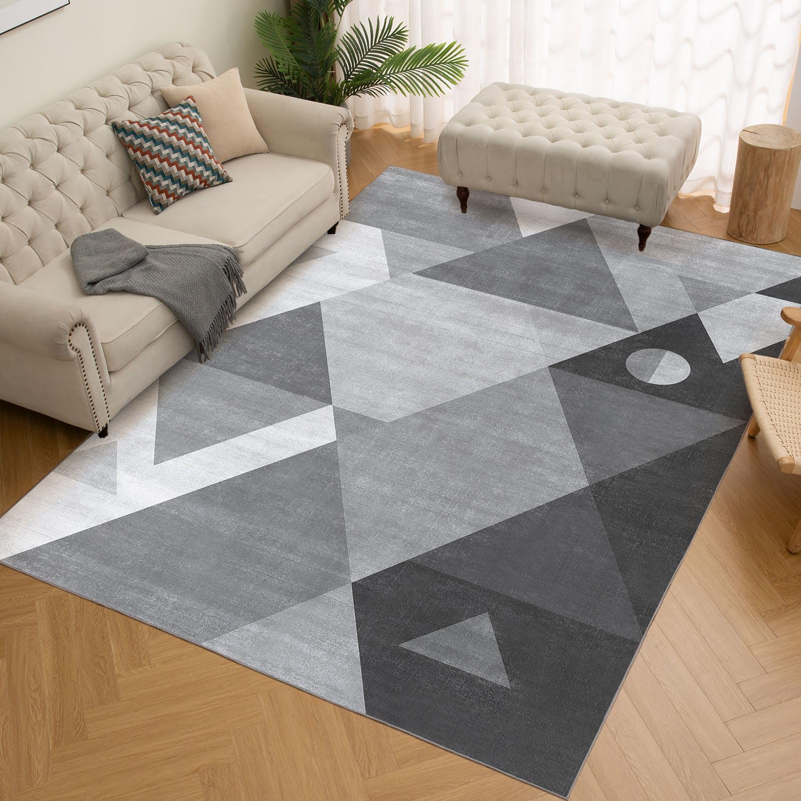 HOMFINE Washable Modern Area Rug - Geometric Style 5x7 Rugs for Living Room, Bedroom, Machine Washable Rug Soft Non Slip Non Shedding Area Rug - Grey, 5'x7'