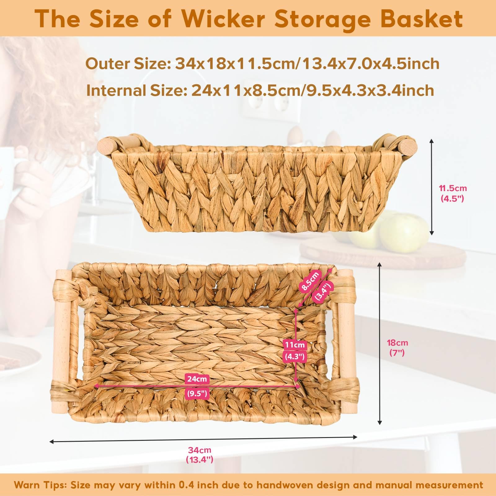 OEHID Small Wicker Baskets for Organizing, Water Hyacinth Wicker Baskets, Wicker Storage Basket, Pantry Baskets with Handle for Toilet Tank Paper Basket, 4 Pack