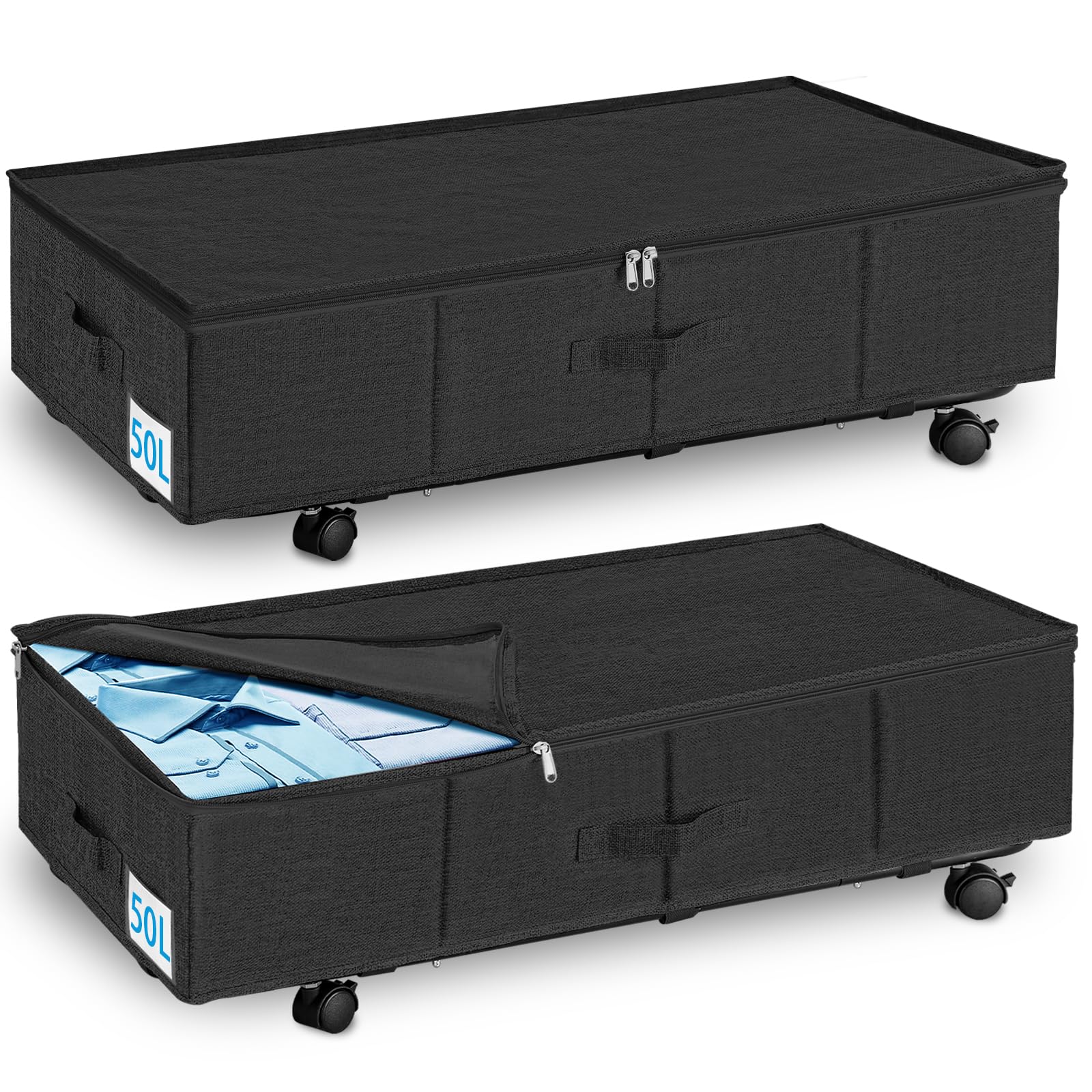 boailydi Under Bed Storage with Wheels & Lid, 2PCS Underbed Storage Container, 29.5 x 15.7 x 8.7 in Tall, Blankets Clothes Comforters Shoe Storage Bag Drawers, Rolling Zippered Organizer Bin -Black