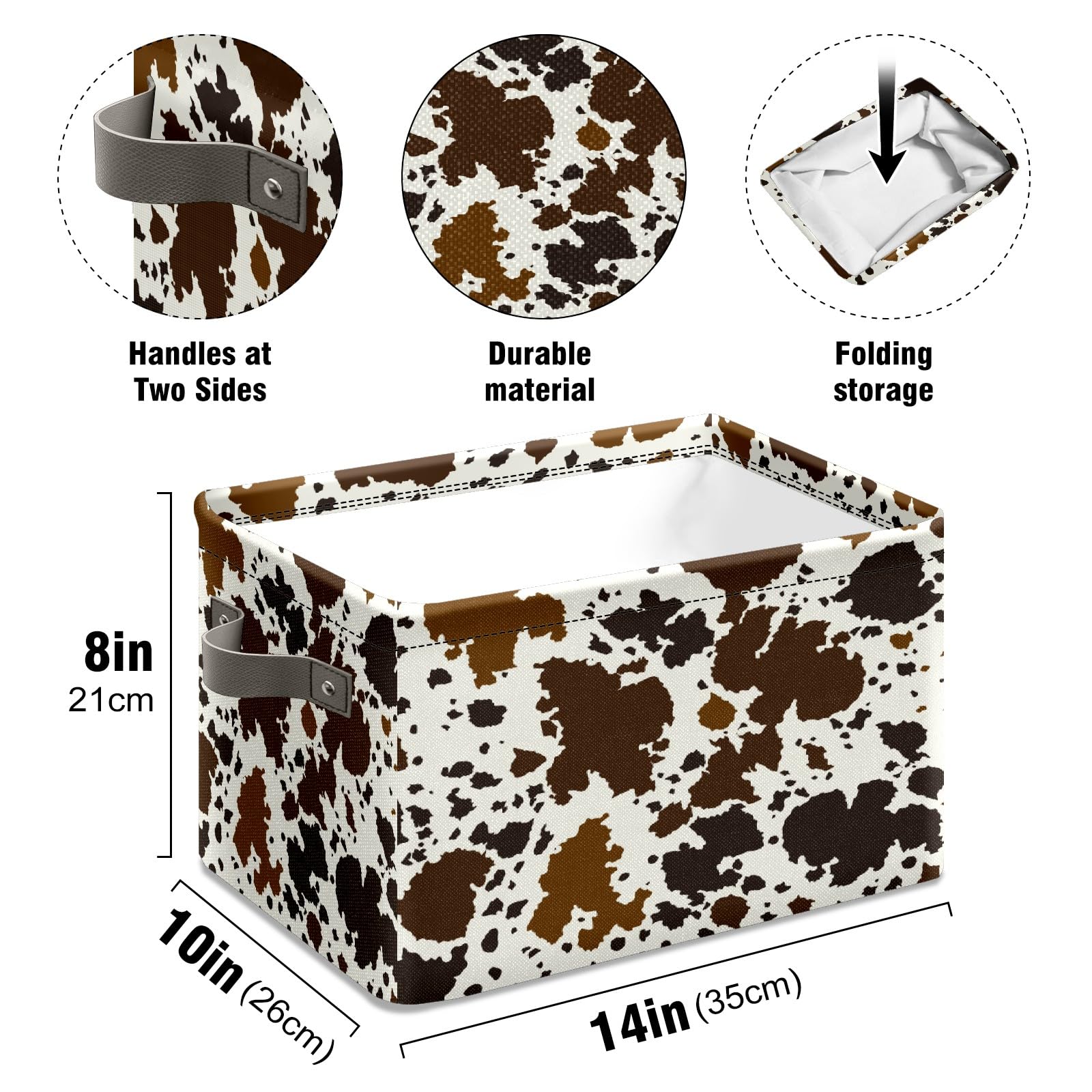 Western Brown Black Cow Print Storage Basket 2 pcs Large Foldable Storage Bin Cube Collapsible Organizer for Pantry Bedroom Decor