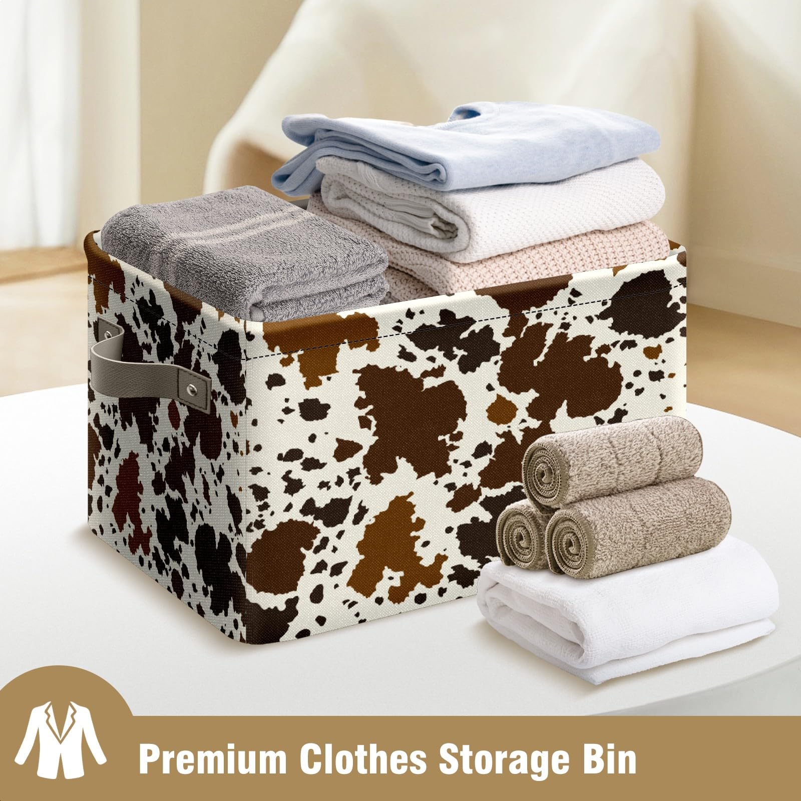 Western Brown Black Cow Print Storage Basket 2 pcs Large Foldable Storage Bin Cube Collapsible Organizer for Pantry Bedroom Decor