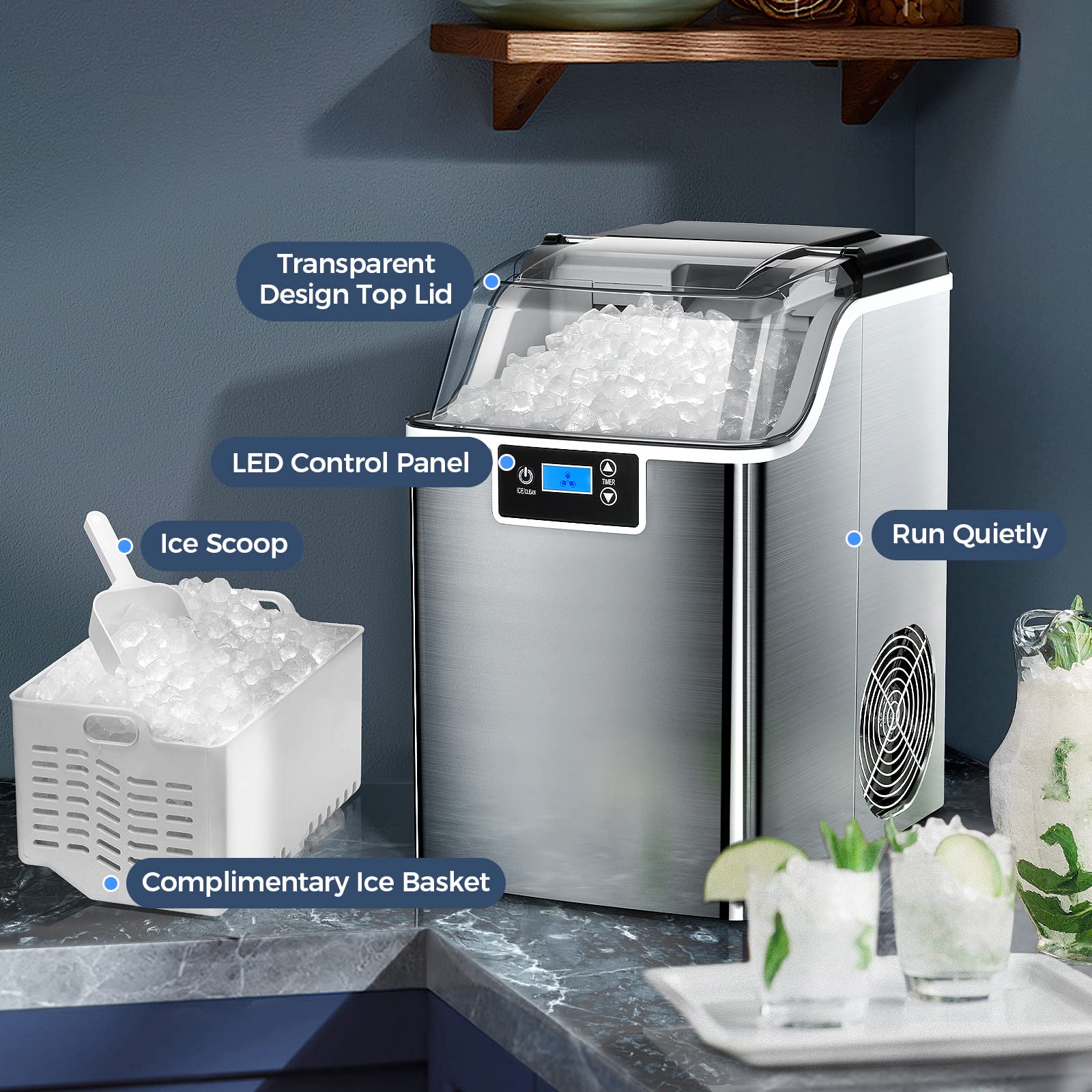 Nugget Countertop Ice Maker with Soft Chewable Pellet Ice, Self Cleaning,44lbs/Day,LED 24H Timer, with Ice Scoop and Ice Basket,Sonic ice for Home & Kitchen Bar Party,Stainless Steel Silver