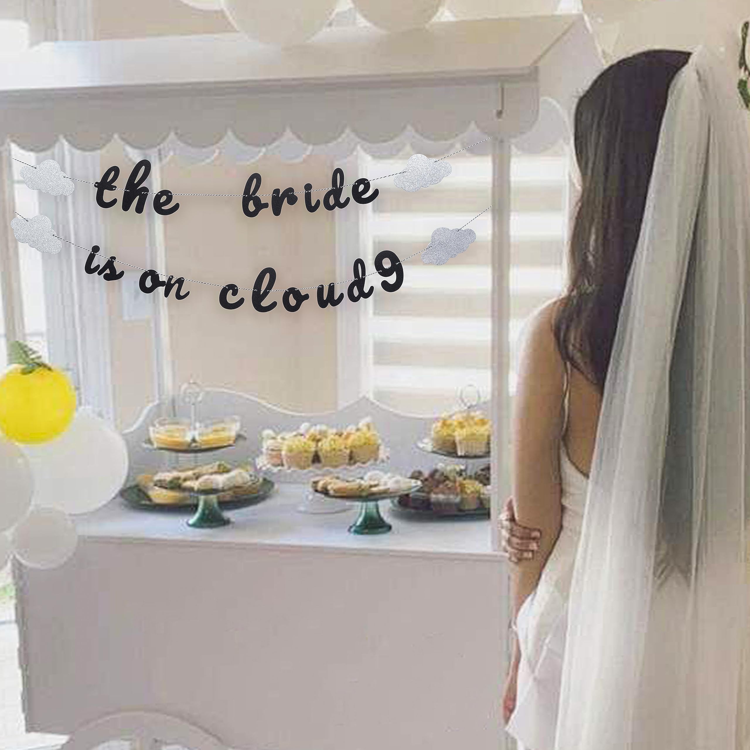 The Bride Is On Cloud 9 Banner - Bachelorette Party Decor,Silver Glitter Banner for Engagement Wedding Decorations,Bridal Shower Sign Party Engagement,Wedding Receptions Party Supplies(Black) (On