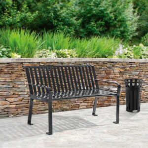 Global Industrial 4 ft. Outdoor Park Bench with Back, Vertical Steel Slat, Black, Unassembled