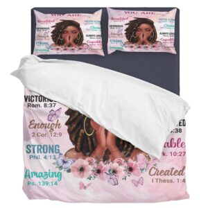 TRENDYNEST Kids Comforter Sets Queen Size, Prayer Girl and African American Girl Inspirational Quotes with Floral Butterfly, Teens Bedding Sets for Girls Women (Queen, Pink White)