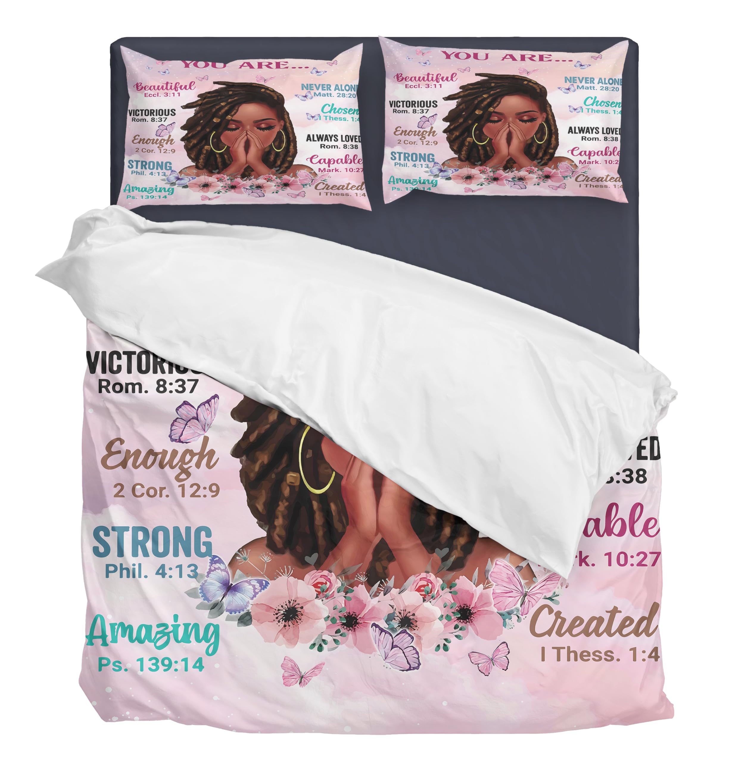 TRENDYNEST Kids Comforter Sets Queen Size, Prayer Girl and African American Girl Inspirational Quotes with Floral Butterfly, Teens Bedding Sets for Girls Women (Queen, Pink White)