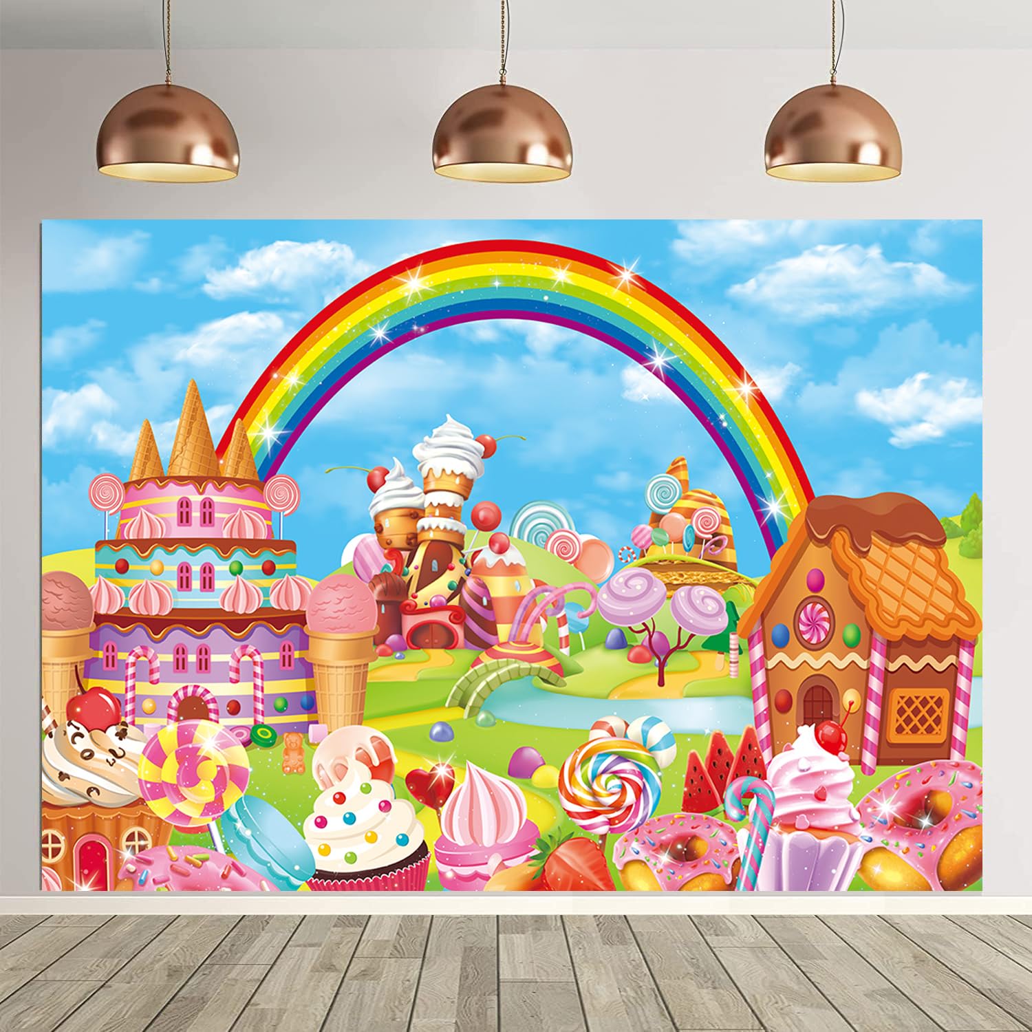 Candyland Theme Party Backdrop Cartoon Rainbow Lollipop Sweet Donut Ice Cream Photography Background for Kid Adult Ice Cream Birthday Party Decoration Banner Baby Shower Photo Props