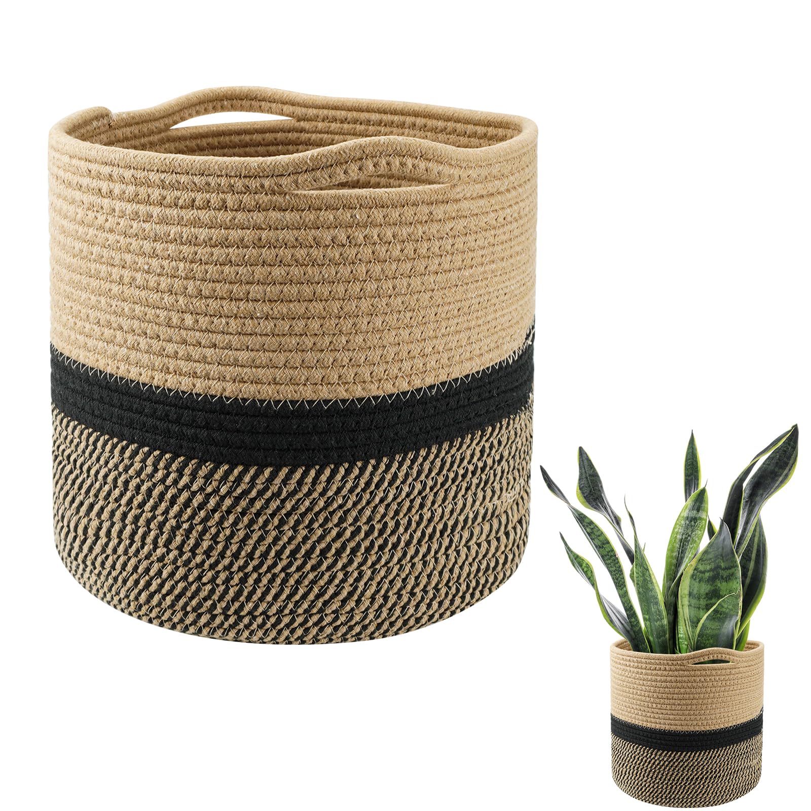 Oaixuilhy Cotton Rope Woven Storage Basket with Handles Cotton Blanket Organizer Laundry Basket Empty Gift Basket for Planter Shelf Desk Home Decor (10 x 10 Inches, Jute & Black)