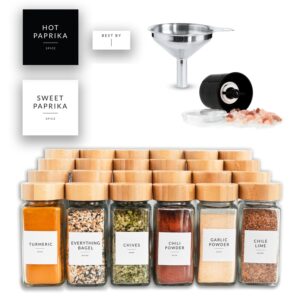 Glass Spice Jars with Label, 24PK Bamboo Spice Jar Set 4oz Seasoning Containers with Labels, Pepper Grinder, 374 Spice Labels, Spice Bottles Funnel, Empty Spice Jars and Shaker Lids Spice Containers