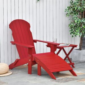 Outsunny 3-Piece Folding Adirondack Chair with Ottoman and Side Table, Outdoor Wooden Fire Pit Chairs w/High-Back, Wide Armrests for Patio, Backyard, Garden, Lawn Furniture, Red