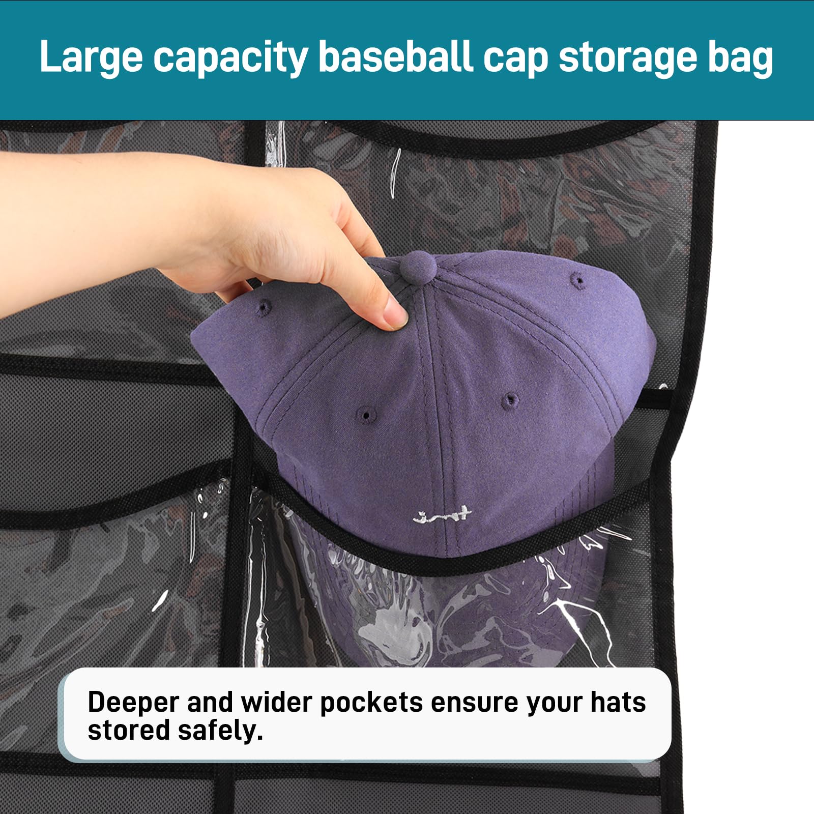 Fixwal Baseball Hat Rack, 16 Pocket Over The Door Cap Organizer Cap Hat Holder Hanger For Closet With Large Clear Pockets & 2 Hooks, Hat Storage to Protect and Display, Black