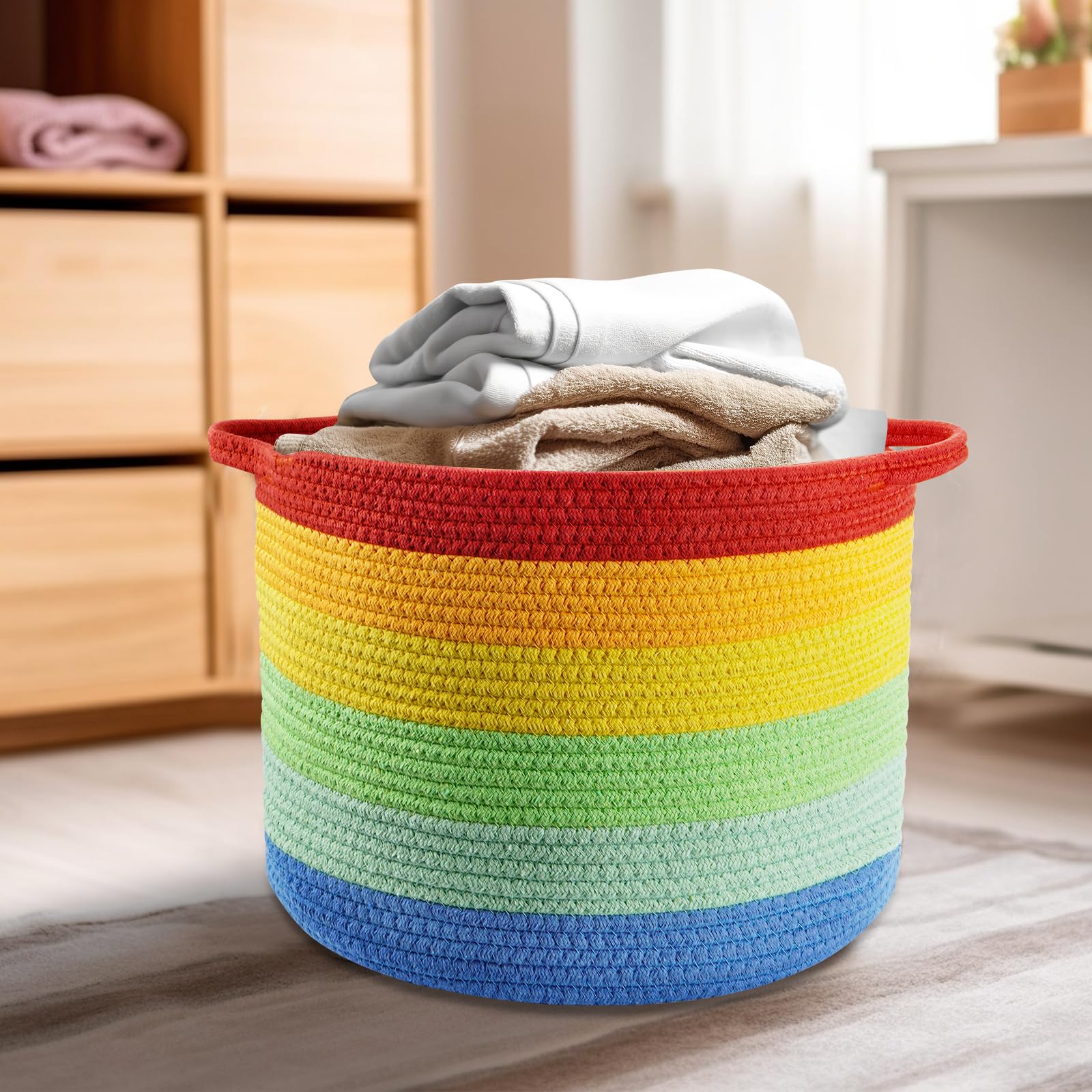 Oaixuilhy Cotton Rope Woven Storage Basket with Handles Cotton Blanket Organizer Laundry Basket Empty Gift Basket for Planter Shelf Desk Home Decor (14 x 12 Inches, Rainbow)