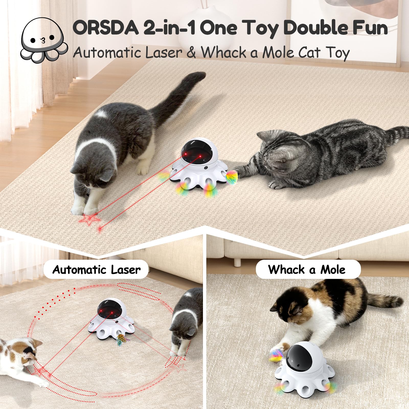 ORSDA Cat Laser Toy, 2-in-1 Interactive Cat Toys for Indoor Cats, Automatic Laser Pointer Cat Toy, 8 Holes Mice Whack A Mole Moving Feather, USB Rechargeable Electronic Kitten Toys for All Breeds