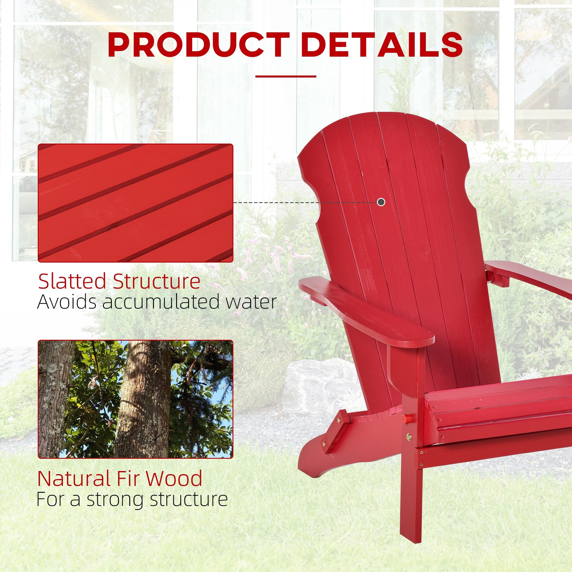 Outsunny 3-Piece Folding Adirondack Chair with Ottoman and Side Table, Outdoor Wooden Fire Pit Chairs w/High-Back, Wide Armrests for Patio, Backyard, Garden, Lawn Furniture, Red