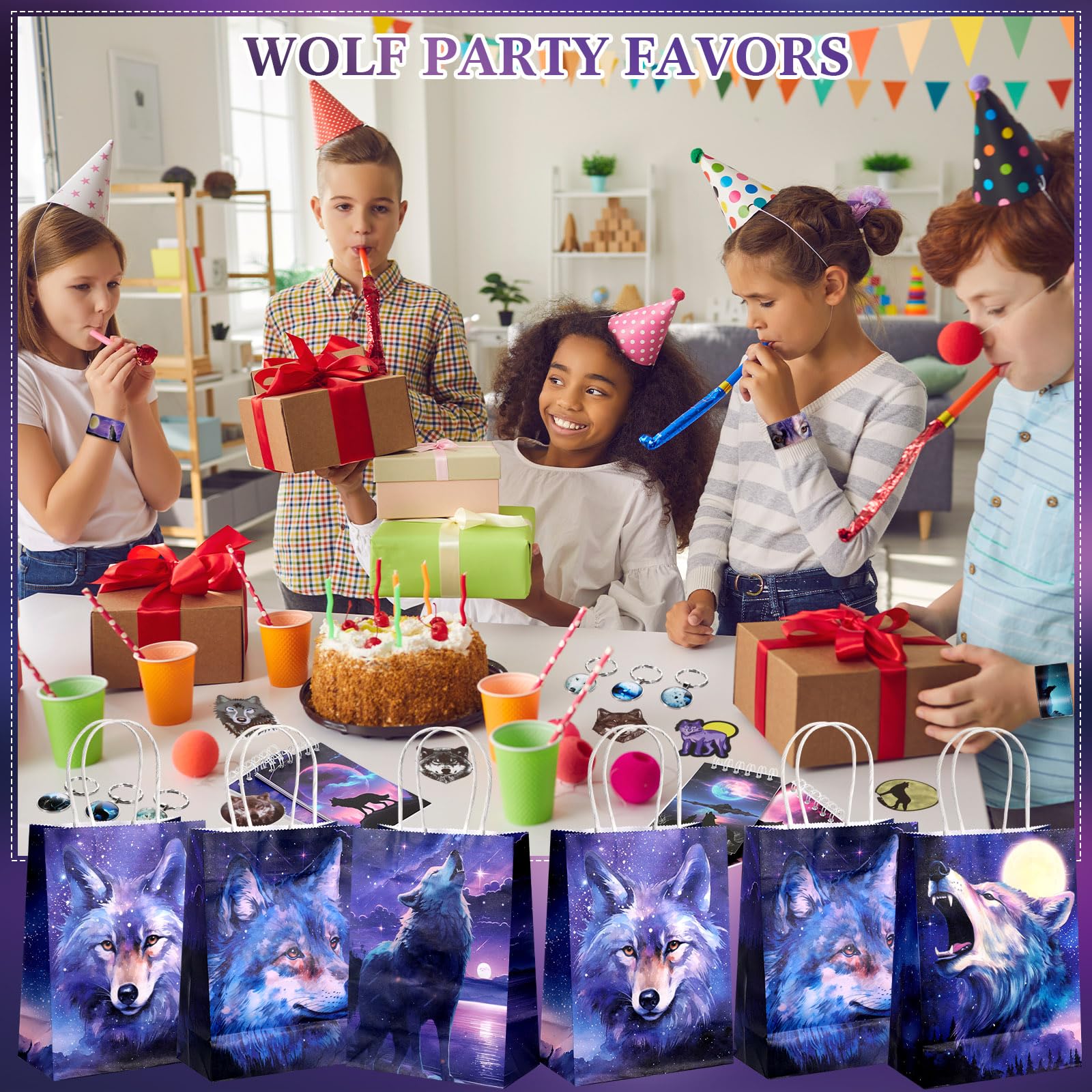 Abbylike 48 Pcs Wolf Party Favors Wolf Party Decor Wolf Birthday Party Supply Wolf Paper Bag Gift Wolf Mini Notebook Wolf Keychain Wolf Slap Bracelet Wolf Sticker for Wolf Party Baby Shower Holiday