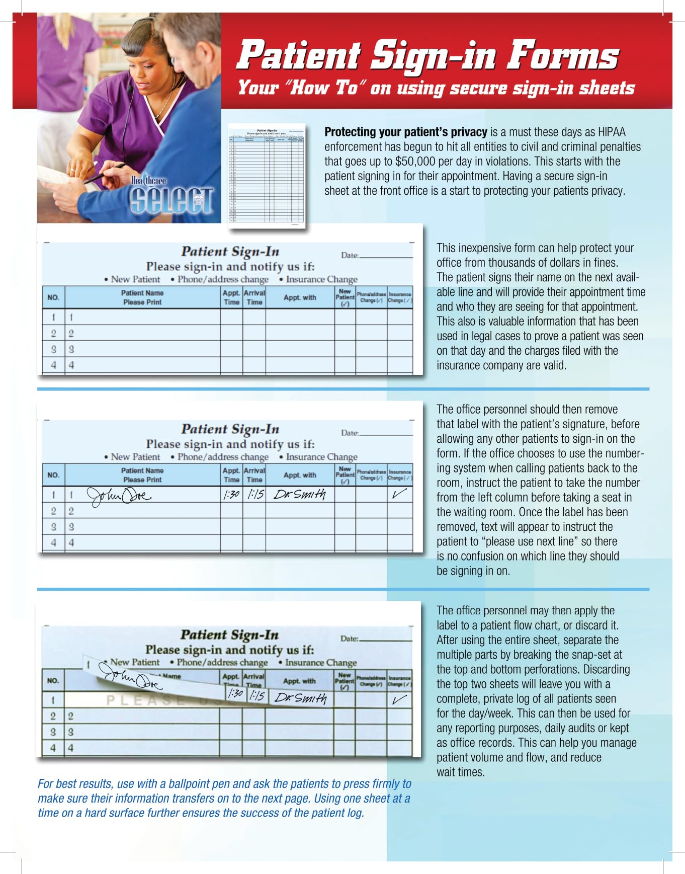 Stockchecks Patient Sign-in Label Sheets, Blue 125 Sheets Carbonless Forms, Hipaa Compliant