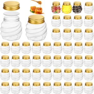 suclain 50 pcs 2 oz honeycomb plastic jars with gold lids mini honey jars wide mouth canning jars small spice jars for party wedding favors, baby shower diy gift jelly herb jams candy