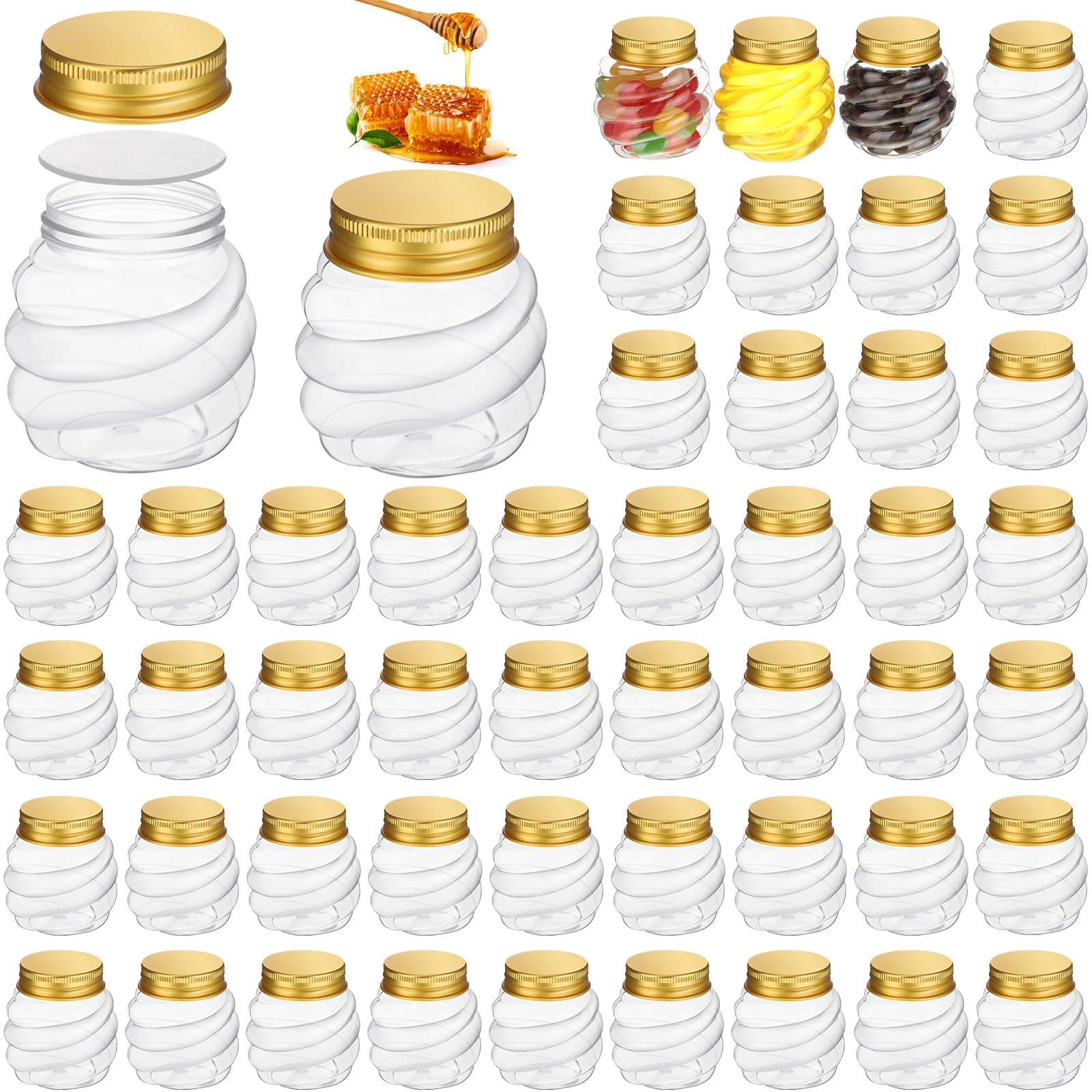 Suclain 50 Pcs 2 oz Honeycomb Plastic Jars with Gold Lids Mini Honey Jars Wide Mouth Canning Jars Small Spice Jars for Party Wedding Favors, Baby Shower DIY Gift Jelly Herb Jams Candy