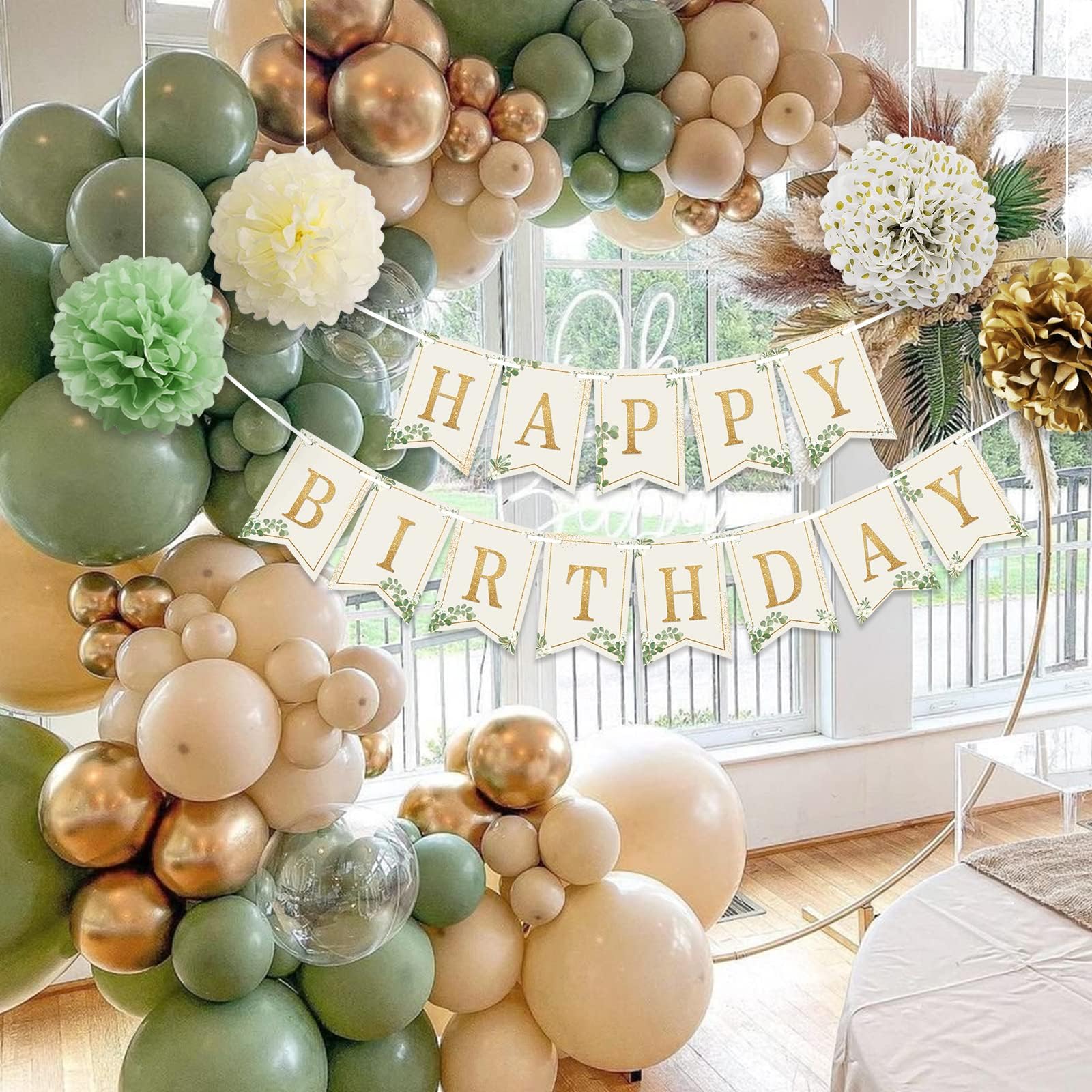 Sage Green Birthday Decorations, Olive Green Gold White Sand Balloons Happy Birthday Banner Tablecloth Gold Fringe Curtain Paper Pom Poms for Kids Women Men Girls Boys Birthday Green Party Decor