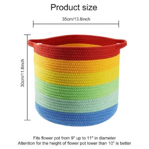 Oaixuilhy Cotton Rope Woven Storage Basket with Handles Cotton Blanket Organizer Laundry Basket Empty Gift Basket for Planter Shelf Desk Home Decor (14 x 12 Inches, Rainbow)