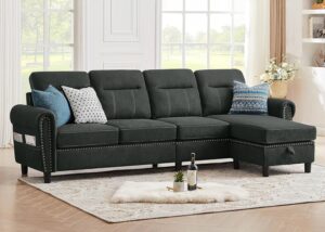 tornama convertible sectional sofa l shaped couch reversible sectional for living room apartment, 4 seater sectional couch with storage ottoman, black