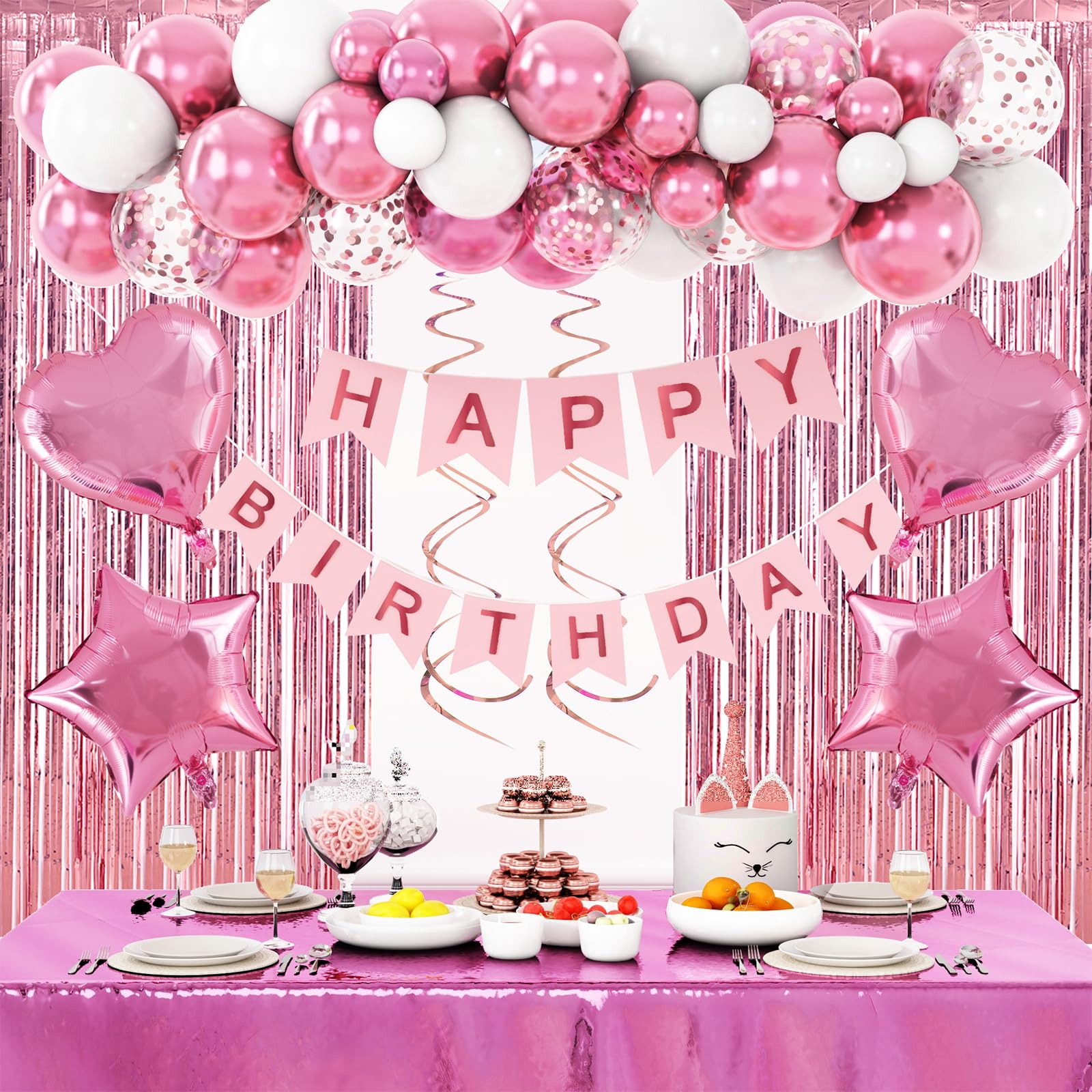 RUBFAC Pink Birthday Decorations for Women and Girls, Happy Birthday Banner, Pink Fringe Curtain, Pink Confetti Balloons, Heart Shape Foil Balloons for Women Girls Birthday Princess Party