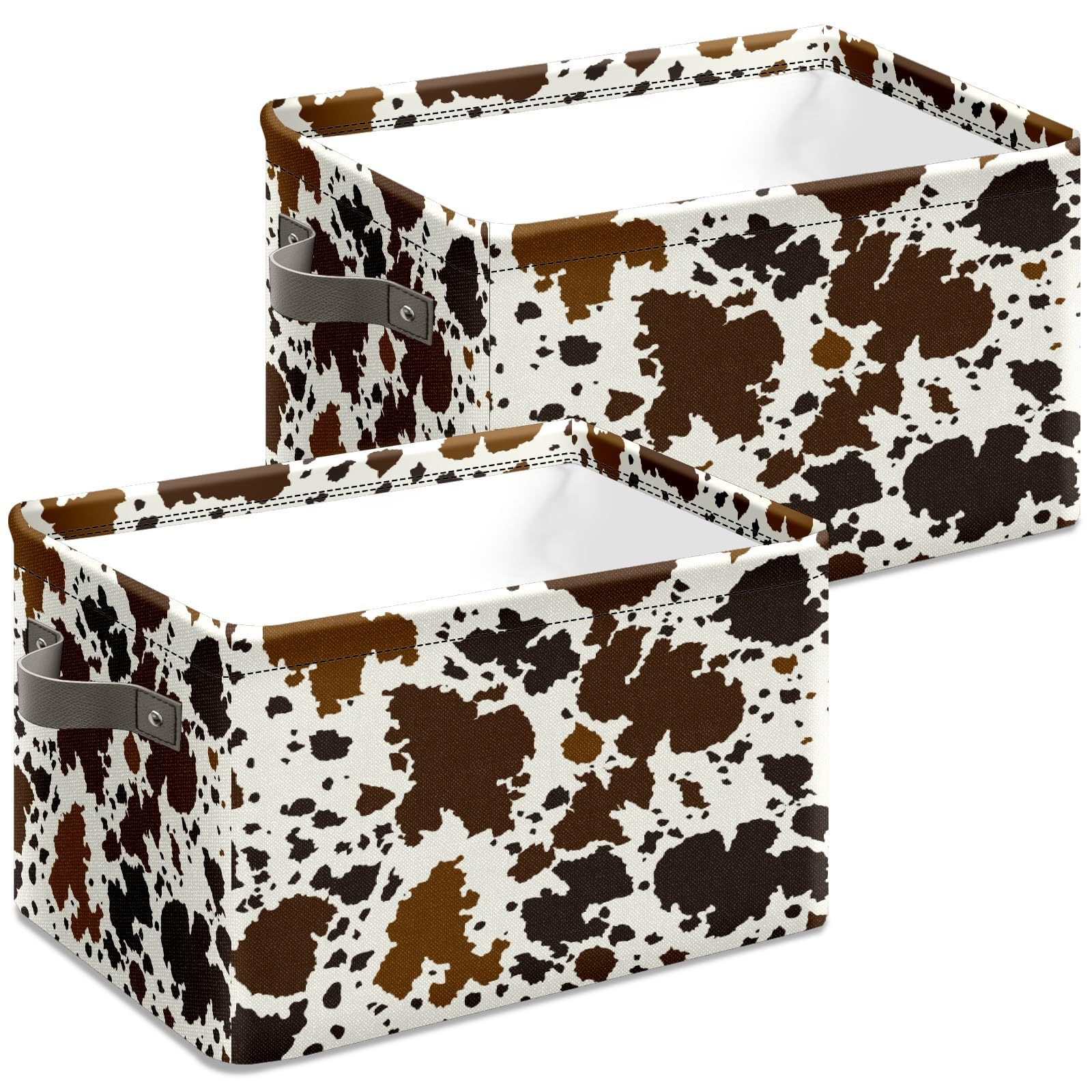 Western Brown Black Cow Print Storage Basket 2 pcs Large Foldable Storage Bin Cube Collapsible Organizer for Pantry Bedroom Decor