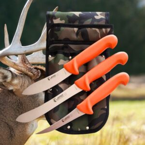 Jero Hunter Knife Set With Camo Scabbard - Orange Handles With High-Carbon Stainless Blades - Narrow Butcher, Deer Skinner And Boning Knife