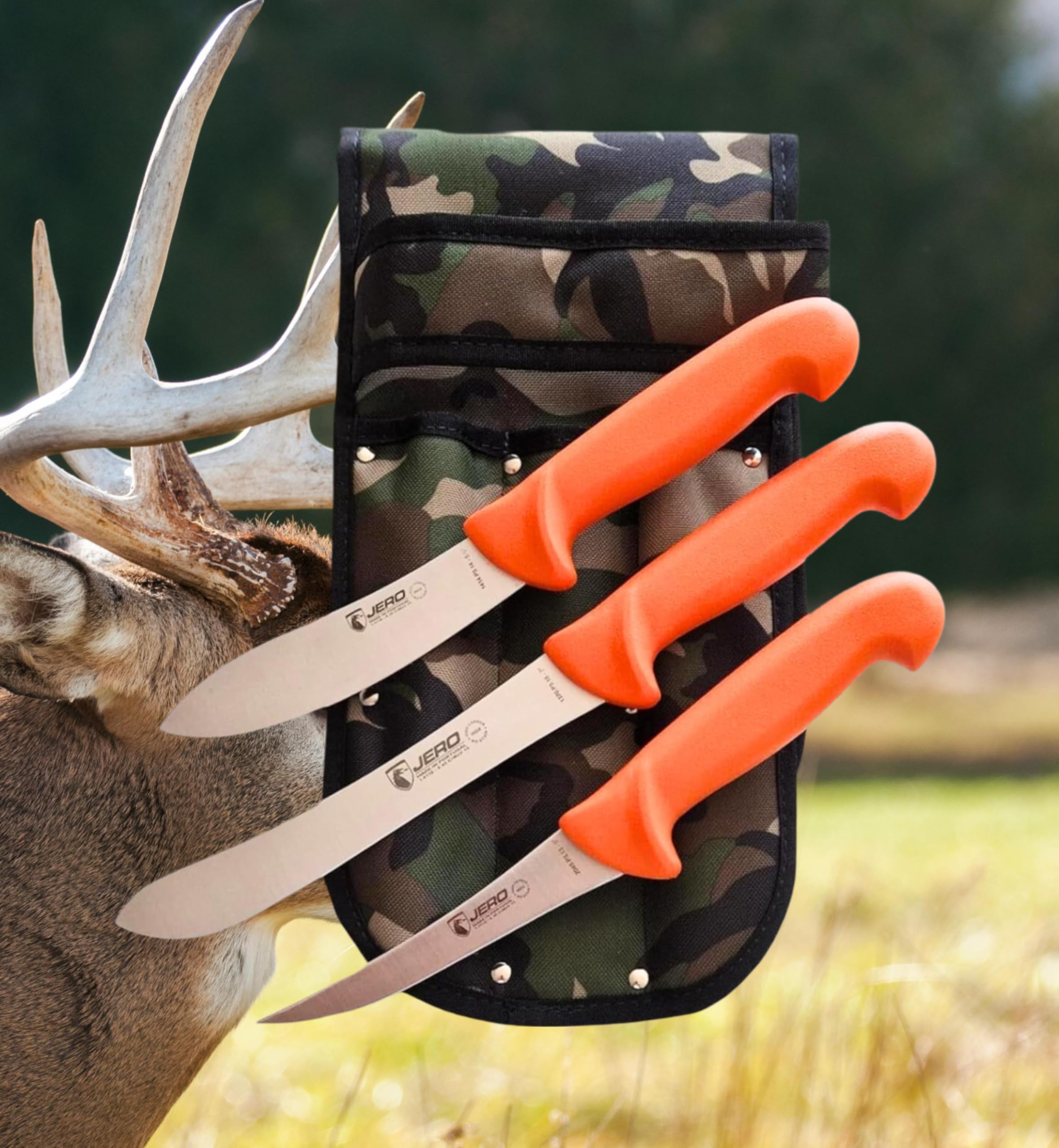 Jero Hunter Knife Set With Camo Scabbard - Orange Handles With High-Carbon Stainless Blades - Narrow Butcher, Deer Skinner And Boning Knife