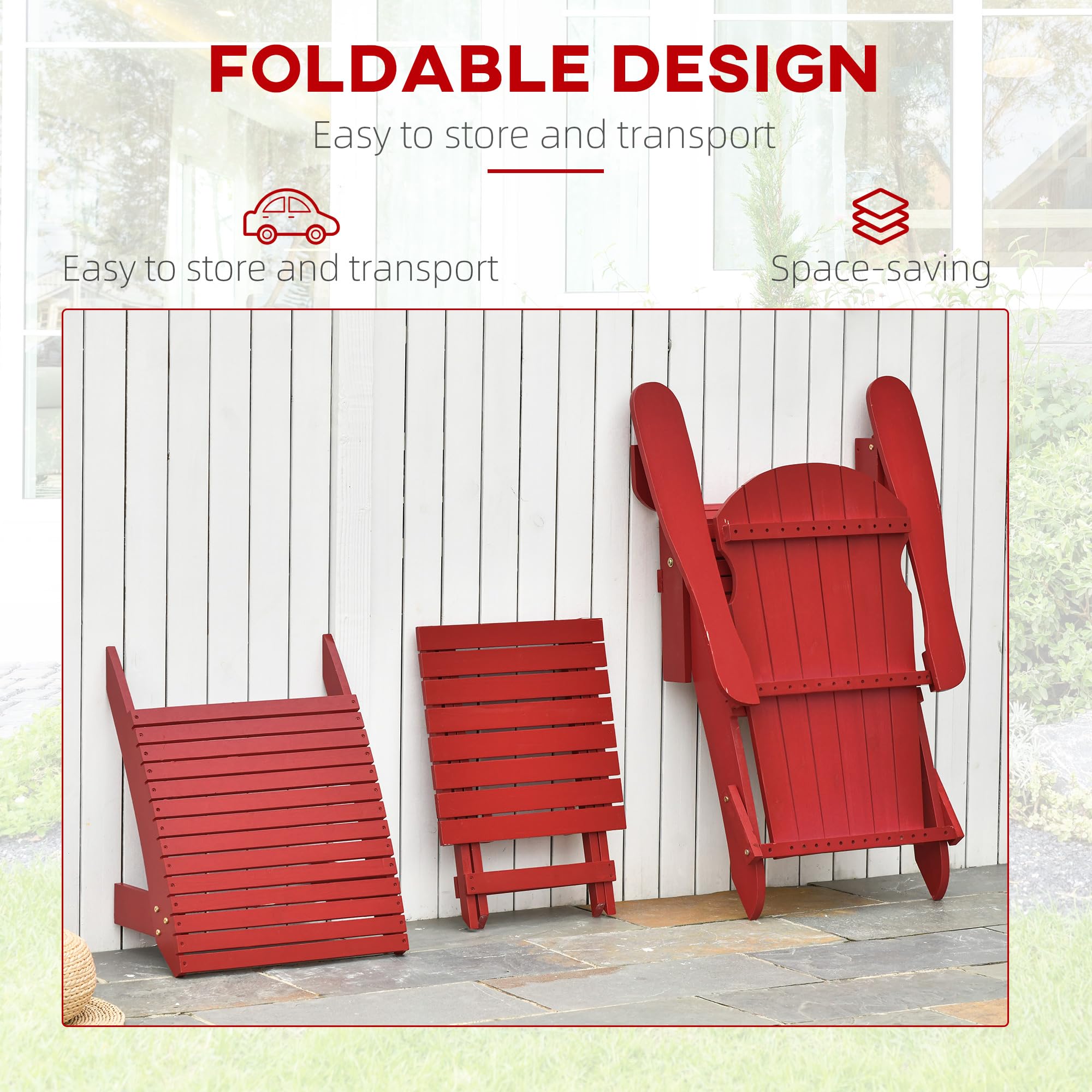 Outsunny 3-Piece Folding Adirondack Chair with Ottoman and Side Table, Outdoor Wooden Fire Pit Chairs w/High-Back, Wide Armrests for Patio, Backyard, Garden, Lawn Furniture, Red