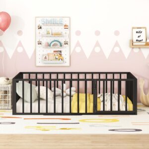 Twin Size Floor Bed for Kids, Montessori Beds with Rails and Door, Metal Playhouse Bed Frame with Fence for Boys Girls, Black