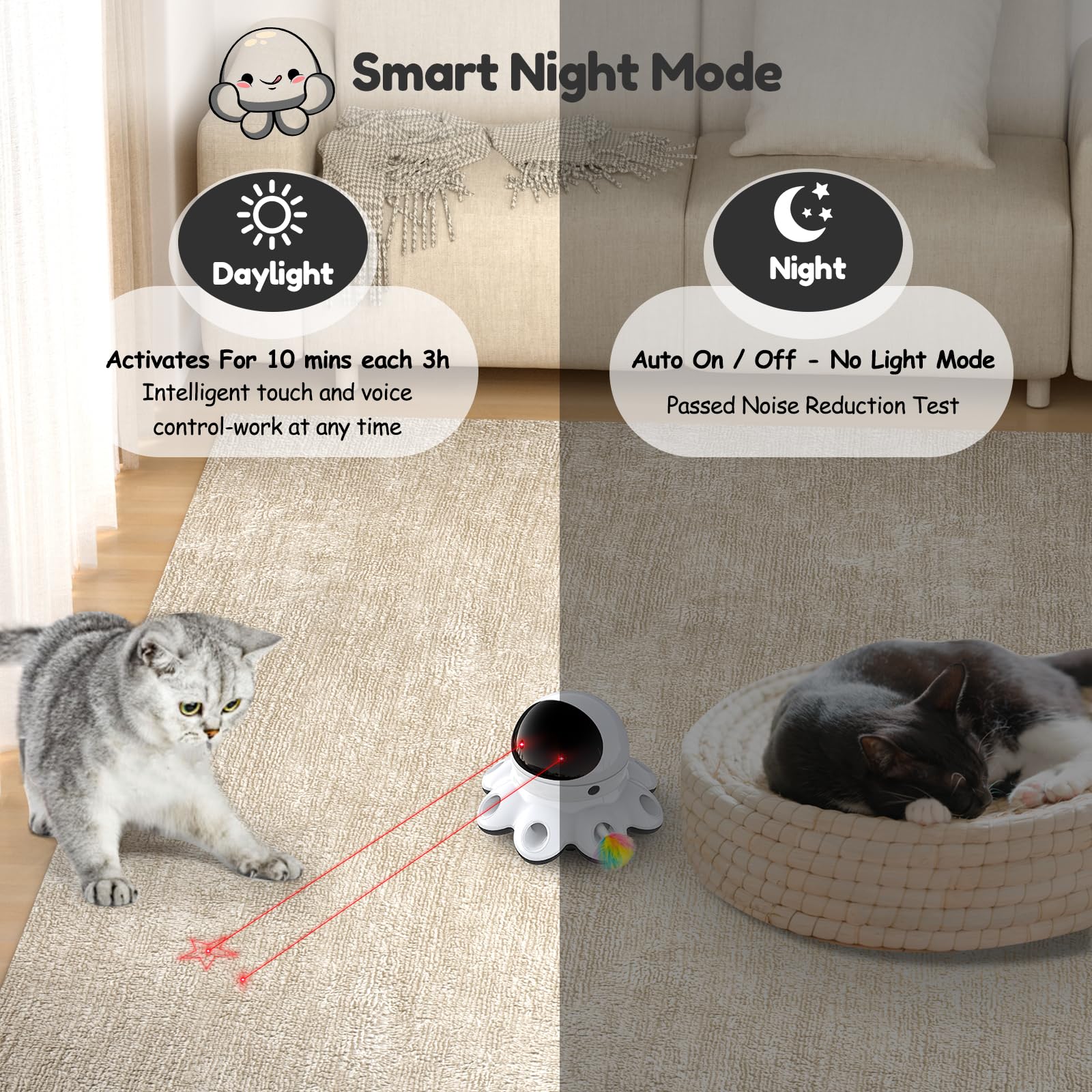 ORSDA Cat Laser Toy, 2-in-1 Interactive Cat Toys for Indoor Cats, Automatic Laser Pointer Cat Toy, 8 Holes Mice Whack A Mole Moving Feather, USB Rechargeable Electronic Kitten Toys for All Breeds