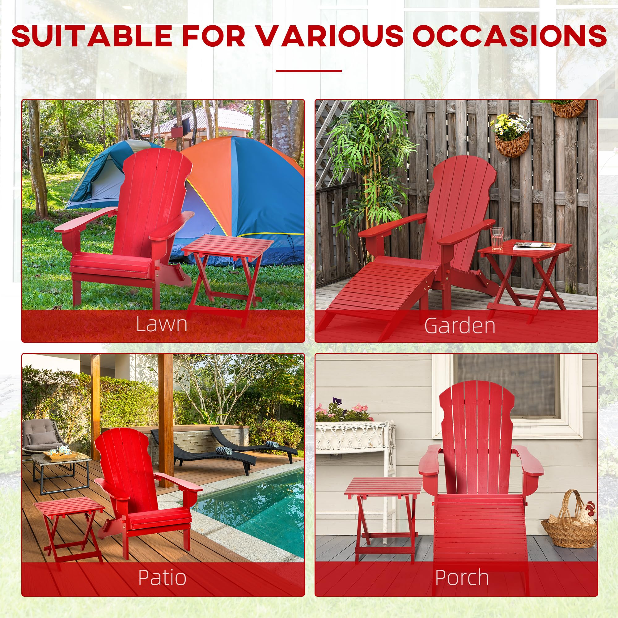 Outsunny 3-Piece Folding Adirondack Chair with Ottoman and Side Table, Outdoor Wooden Fire Pit Chairs w/High-Back, Wide Armrests for Patio, Backyard, Garden, Lawn Furniture, Red