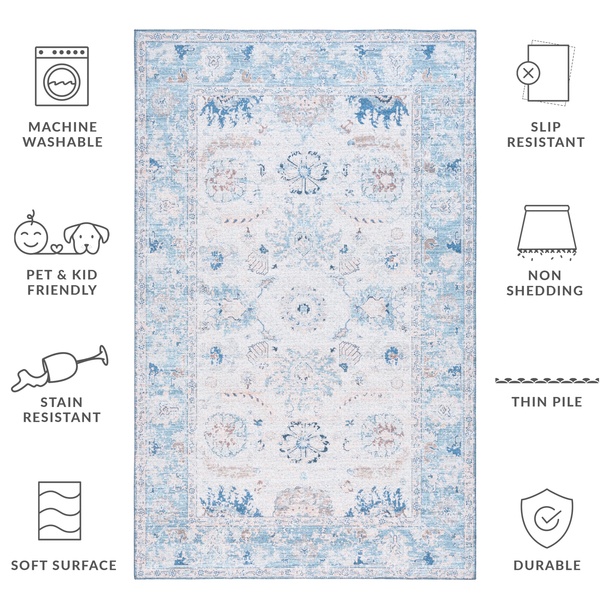 SAFAVIEH Tucson Collection Area Rug - 4' x 6', Blue & Beige, Oriental Design, Machine Washable Ideal for High Traffic Areas in Living Room, Bedroom, Dining (TSN908M-4)