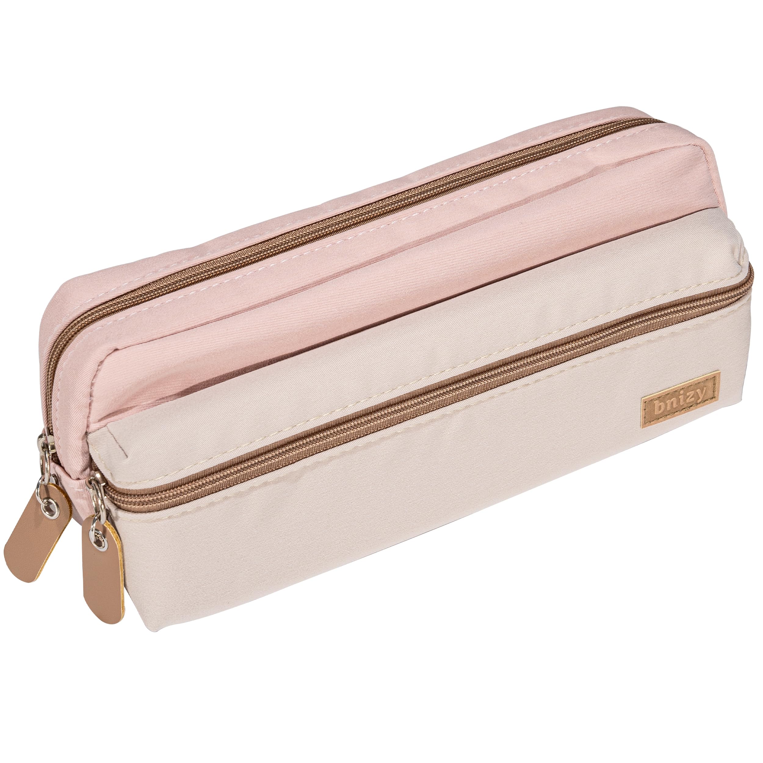 bnizy Large Pencil Case, Pencil Pouch with Zipper Compartments, Aesthetic Pencil Case for Adults, Stationery Pouch Pen Case for Office (Pink&Beige)