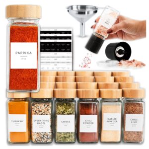 glass spice jars with label, 24pk bamboo spice jar set 4oz seasoning containers with labels, pepper grinder, 374 spice labels, spice bottles funnel, empty spice jars and shaker lids spice containers