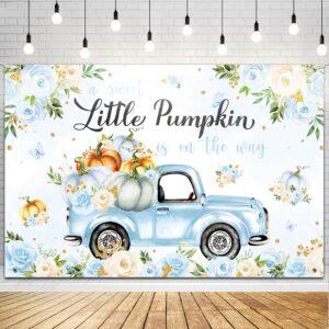 little pumpkin baby shower decoration backdrop for boy a sweet little pumpkin is on the way fall blue floral truck photography background it's a boy party decor banner 5x3ft