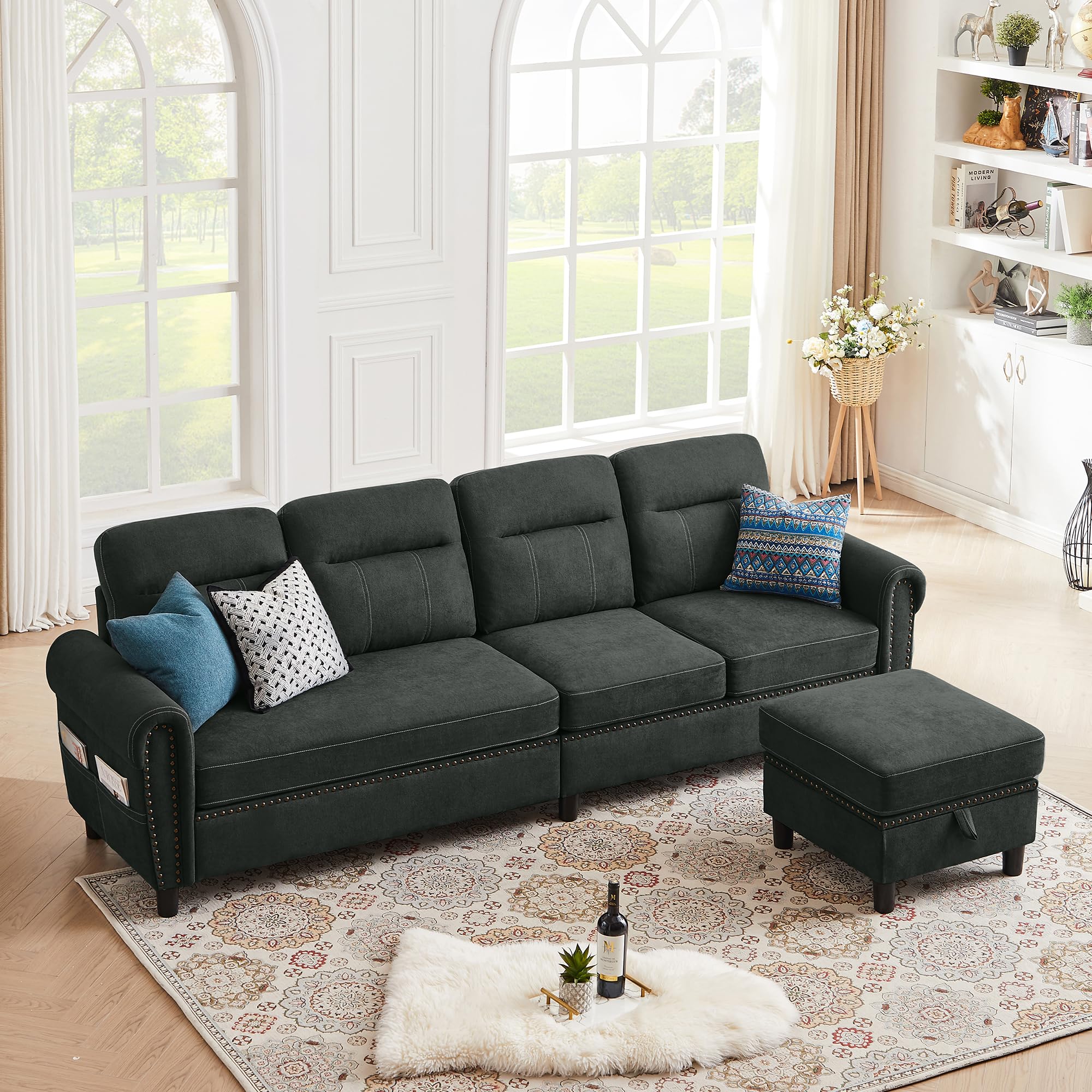 Tornama Convertible Sectional Sofa L Shaped Couch Reversible Sectional for Living Room Apartment, 4 Seater Sectional Couch with Storage Ottoman, Black