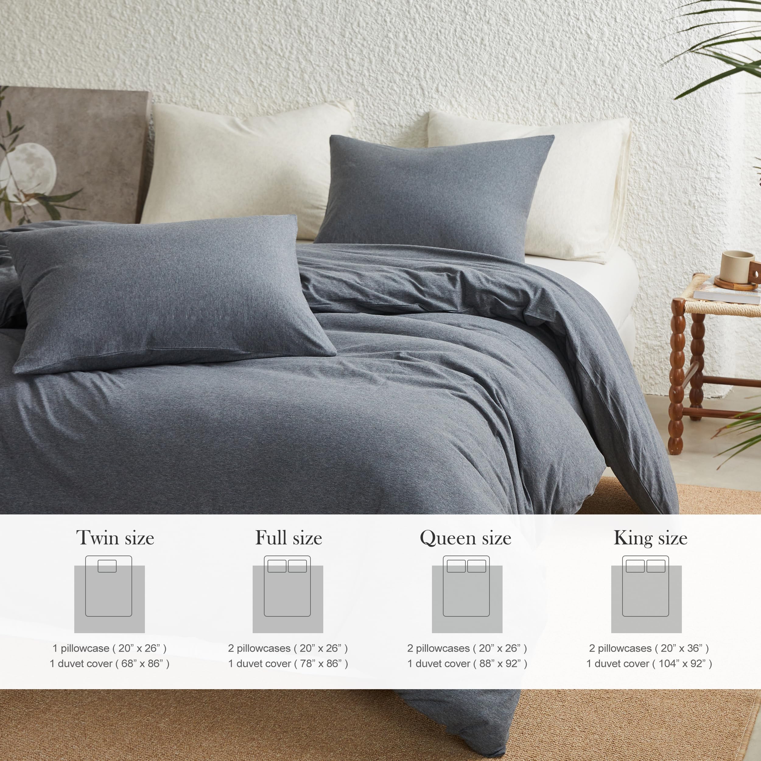 Simple&Opulence 100% Jersey Knit Cotton Duvet Duvet Cover Set -Ultra Soft Duvet Cover King Size-1 Comforter Cover and 2 Pillowcases (Dark Grey, 104"X92")