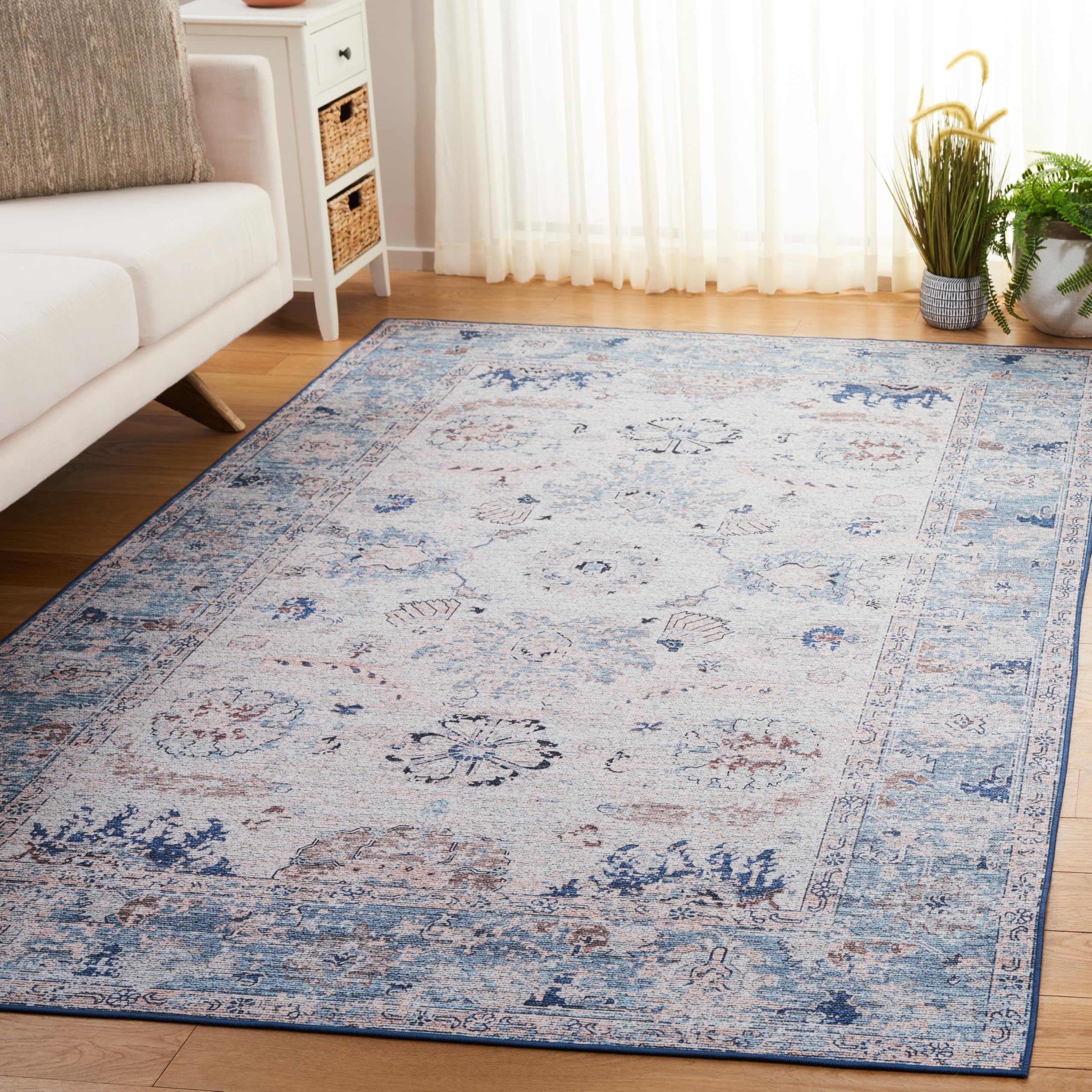 SAFAVIEH Tucson Collection Area Rug - 4' x 6', Blue & Beige, Oriental Design, Machine Washable Ideal for High Traffic Areas in Living Room, Bedroom, Dining (TSN908M-4)