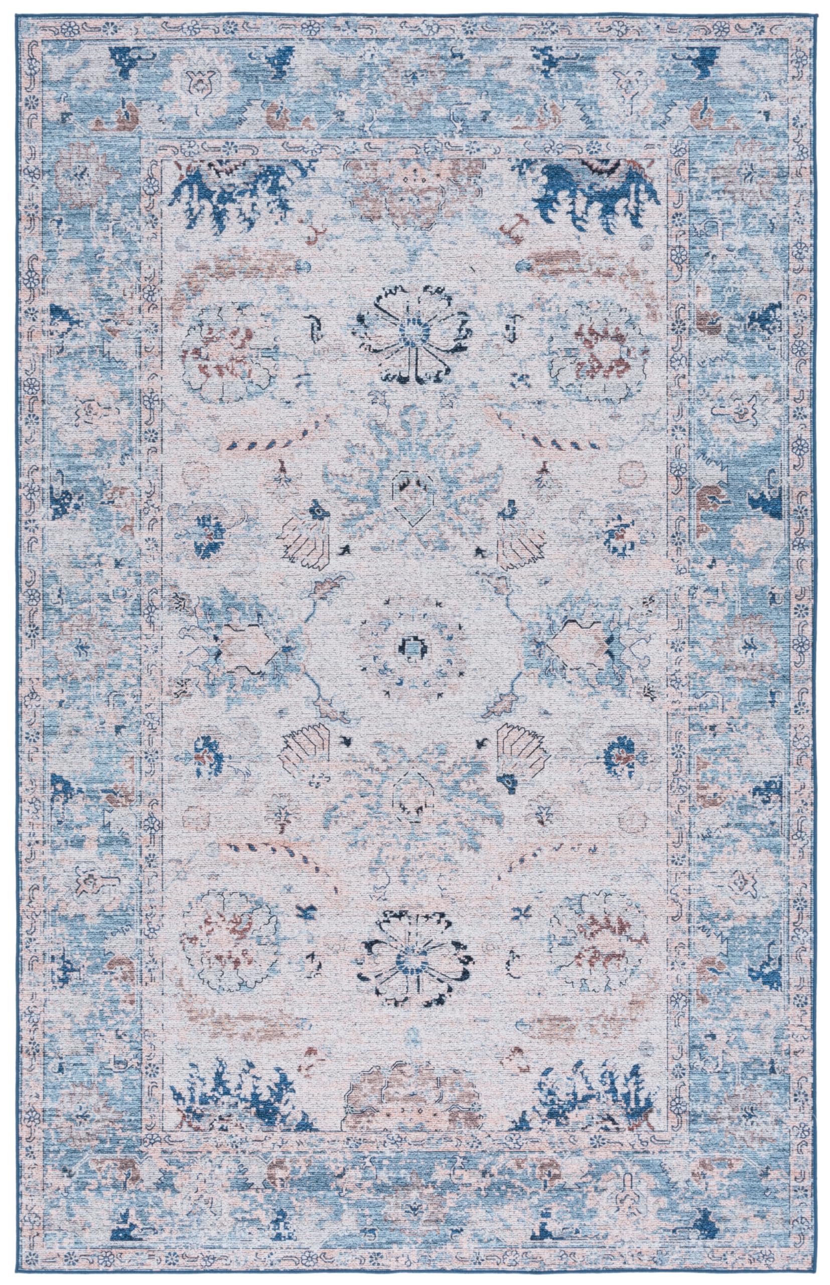 SAFAVIEH Tucson Collection Area Rug - 4' x 6', Blue & Beige, Oriental Design, Machine Washable Ideal for High Traffic Areas in Living Room, Bedroom, Dining (TSN908M-4)