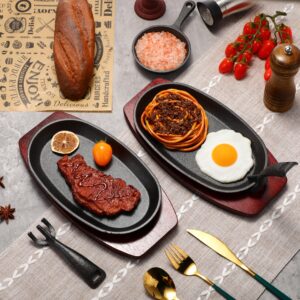 Mifoci 12 Pieces Oval Cast Iron Fajita Skillet Pan Set Small Sizzling Steak Plate with Wooden Base and Handle Cast Iron Fajita Skillet Sizzling Plate for Home Restaurant Barbecue Picnic Wedding