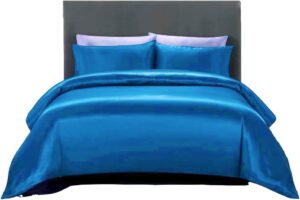 dhruvi bedding ultra soft silk satin queen size turquoise blue 4 piece duvet cover set (duvet cover + fitted sheet 15'' + 2 pillow cases) luxury satin zipper closure soft comforter protector